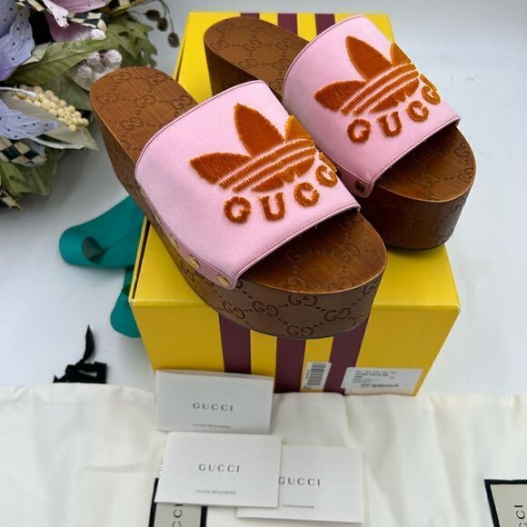 Women’s Gucci, X Adidas, pink satin GG clogs size 37 made in Italy - Picture 9 of 9